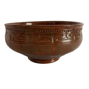 Vintage MCM Brown Pottery Bowl With Geometric Design Numbered